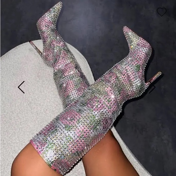Pink Floral Pattern Diamante Knee High Boots - Picture 2 of 4
